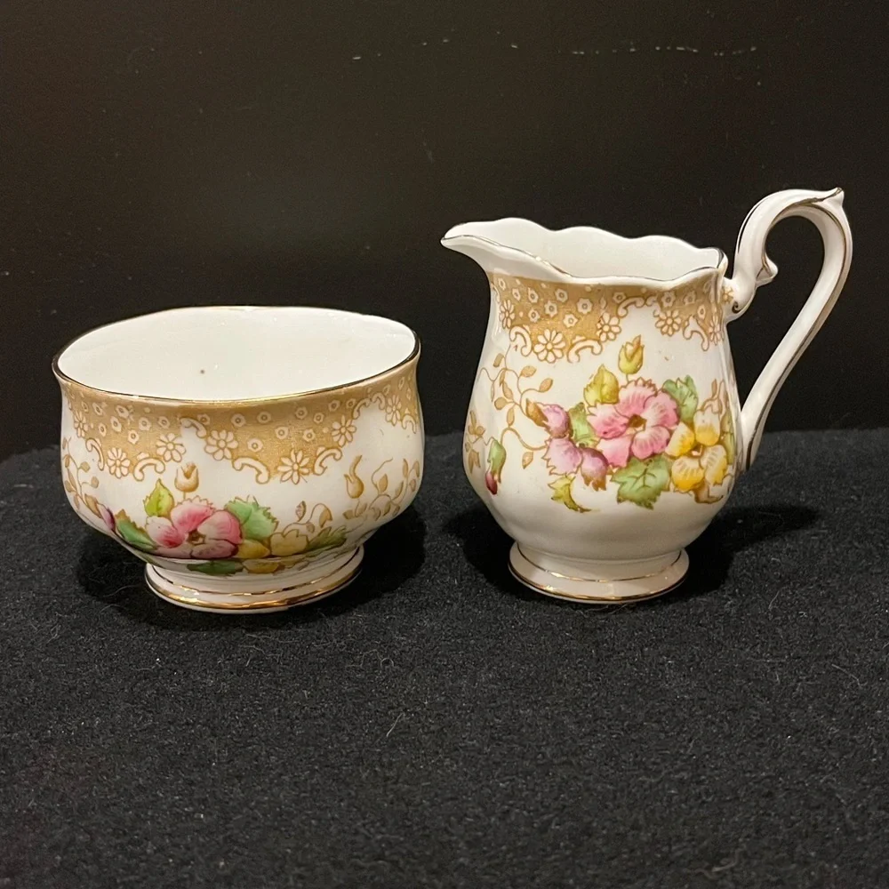 Royal Albert Bone China Open Sugar Bowl and Cream pitcher Lovelace pattern